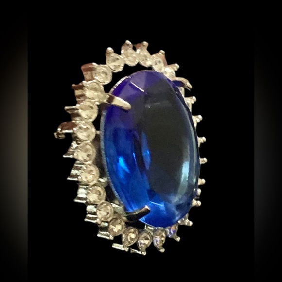 Blue Faceted Glass Pendant or Brooch Combo Silver Tone with Rhinestones - Picture 4 of 12